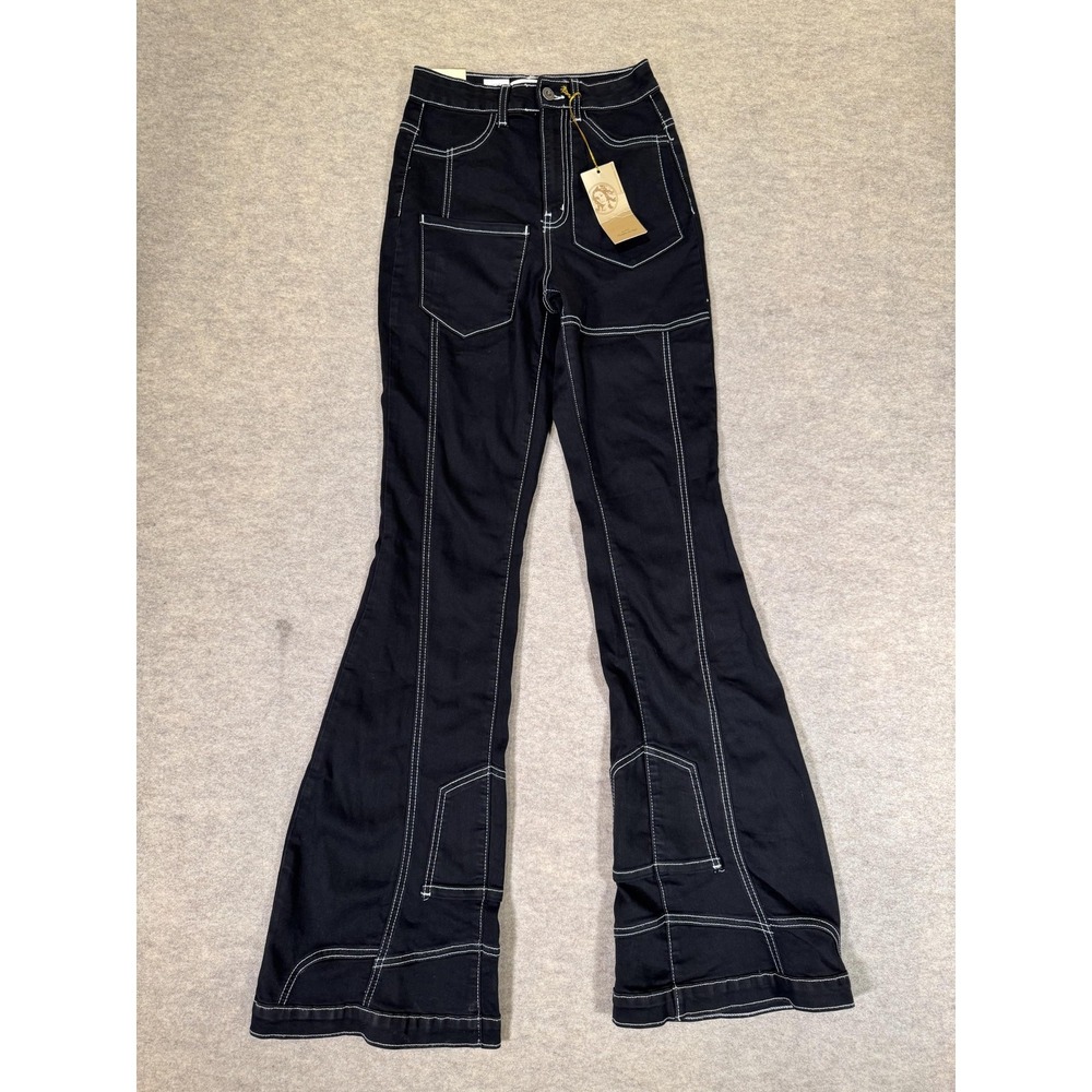Aphrodite Jeans Juniors 5 Black High Rise Flare Cargo Stretch Denim Seamed